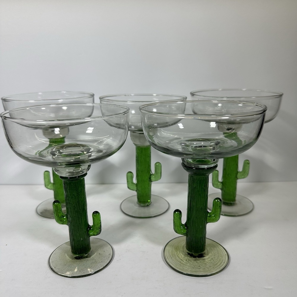 Set of 5 VTG Libbey Saguaro Margarita Glasses - Green Cactus Stem 7-Inch Tall